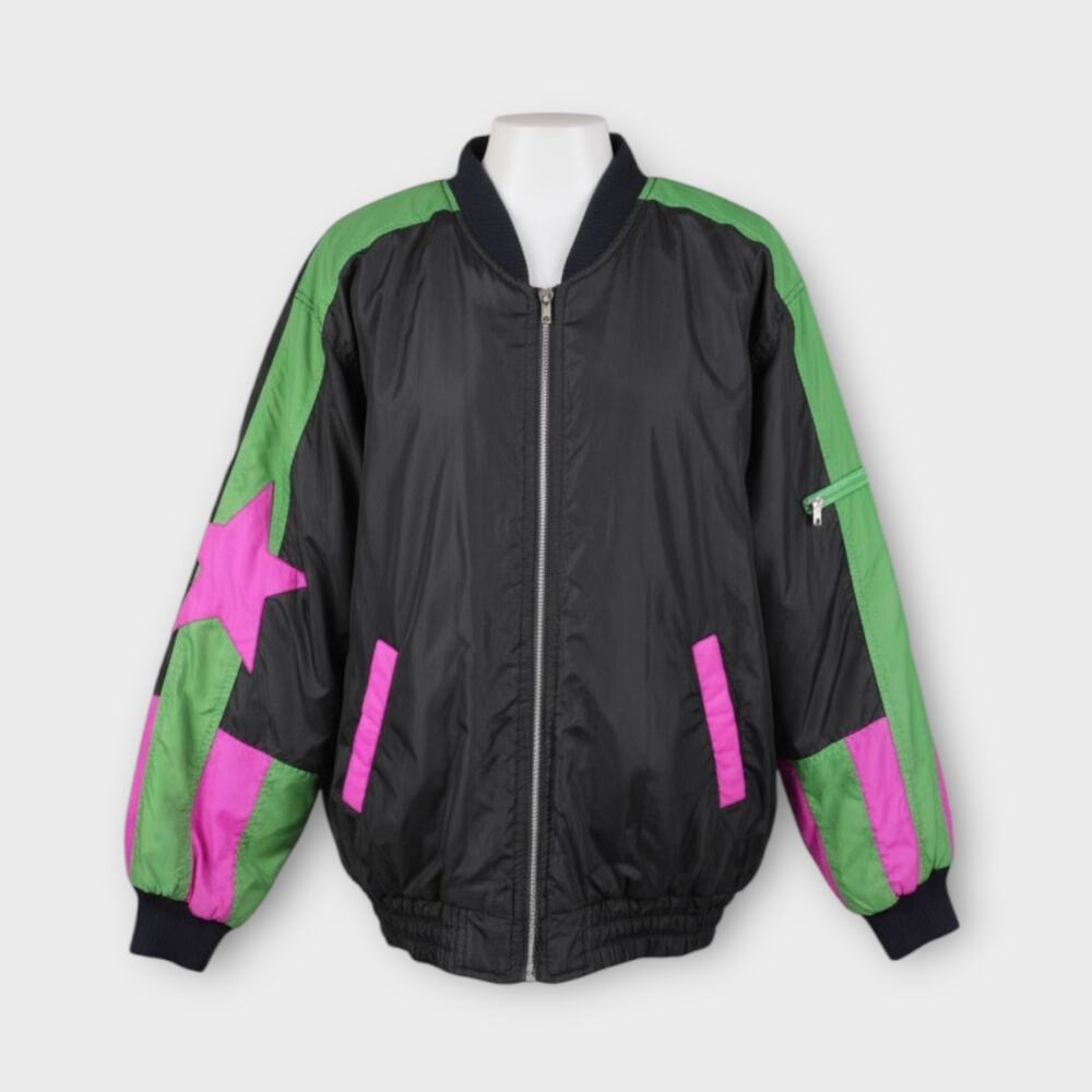 Vintage Polar Bear Black Neon Star Bomber Jacket – Size M
